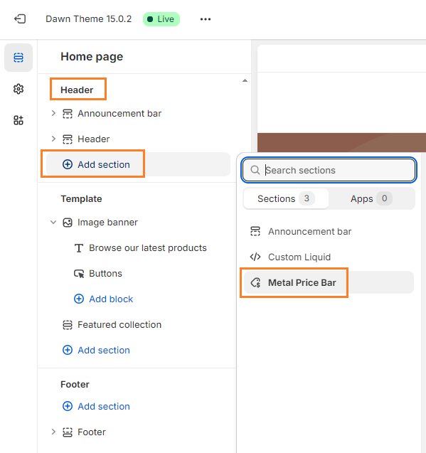 Shopify theme editor: Add section under Header, with Metal Price Bar selected in the section list